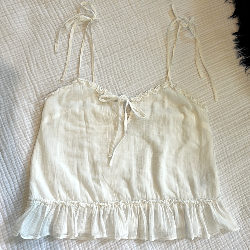 H&M Romantic Gauze White Ruffled Crop Top Adjustable Shoulder Ties Size 4 Small